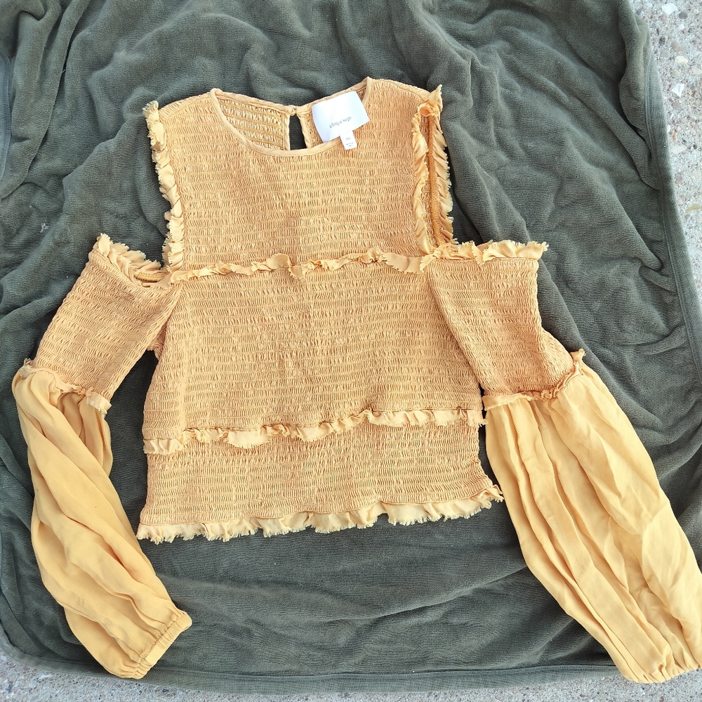 Cinq A Sept Pascal Golden Yellow Cold Shoulder Crop Blouse XS 100% Silk - Picture 4 of 8